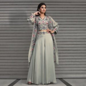 Oraganza jacket with sleve less embroired blouse with glare pallazo pants