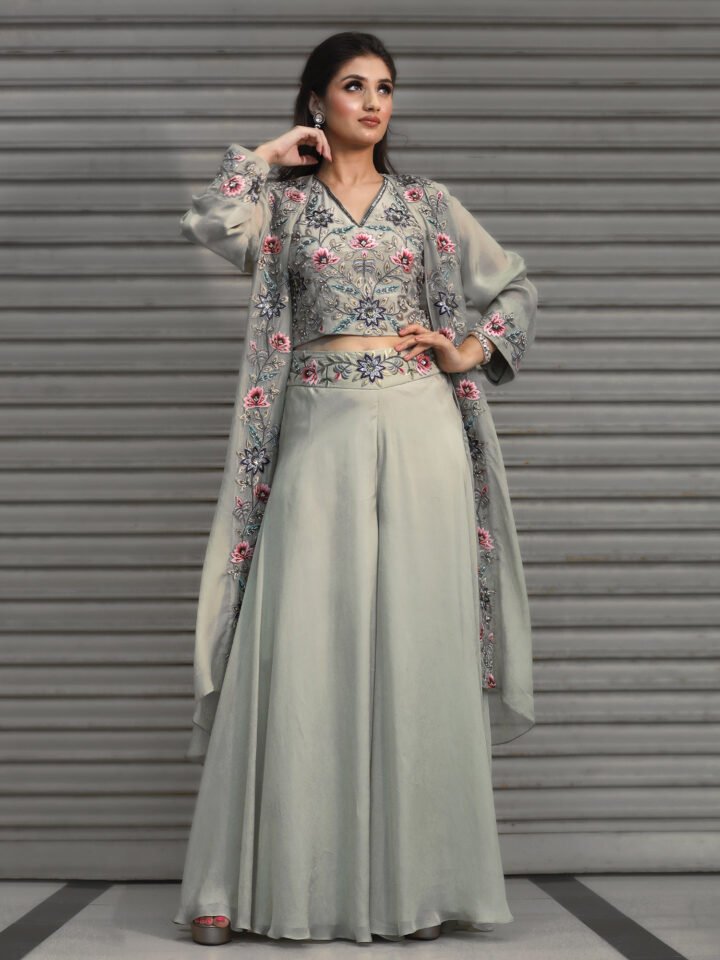 Oraganza jacket with sleve less embroired blouse with glare pallazo pants