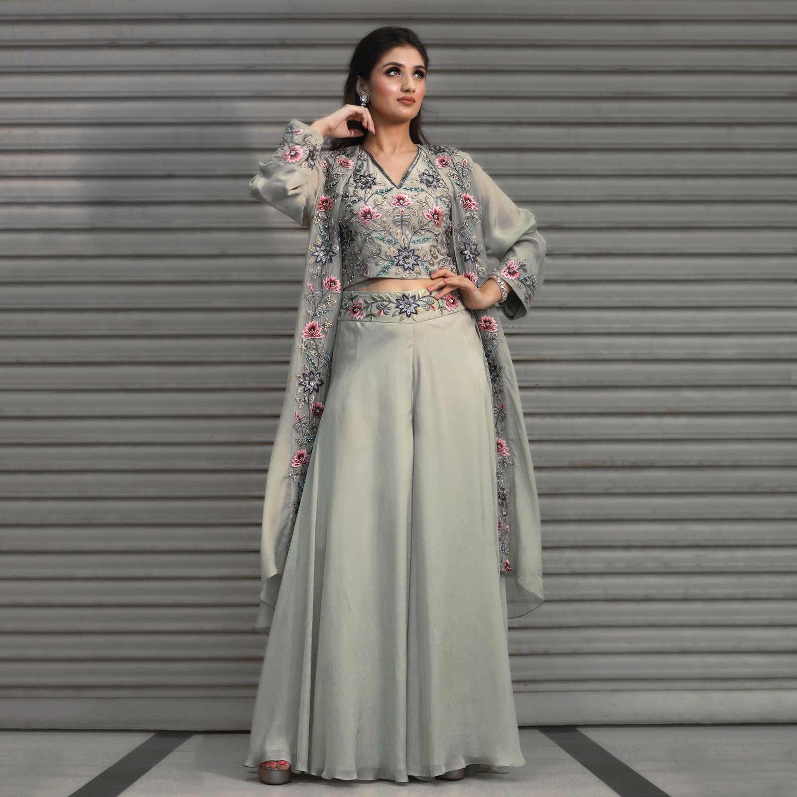 Oraganza jacket with sleve less embroired blouse with glare pallazo pants