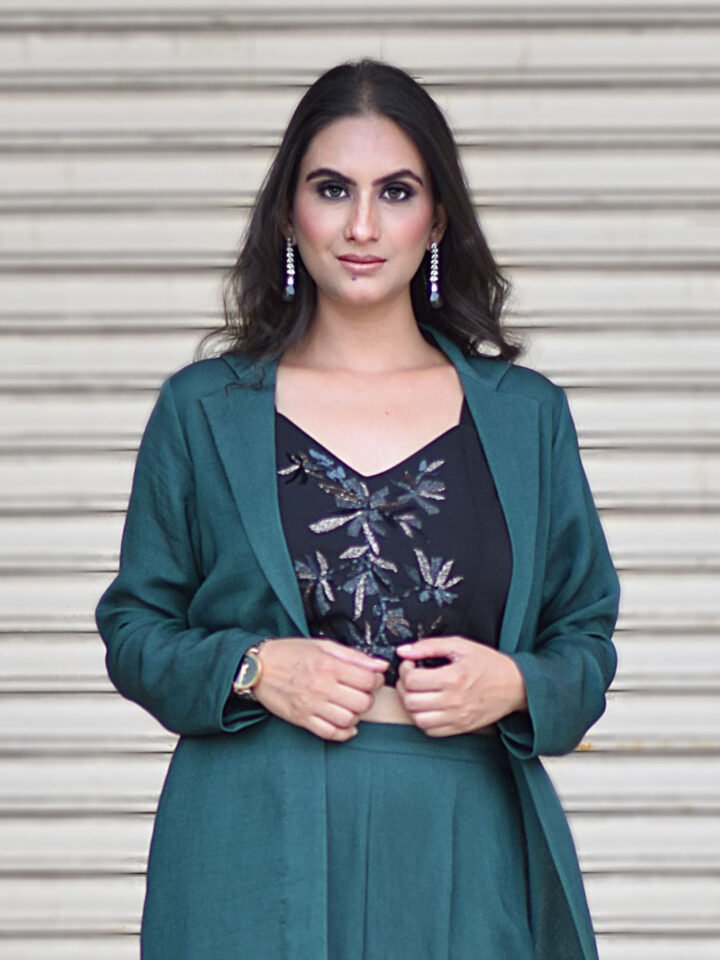 Teal Co-ord set, hand embroidered bustier