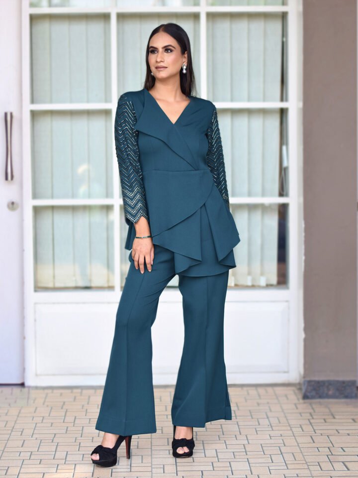 Teal Co-ord set, hand embroidered full sleeve with a two layer drape cut. — alternate view 2