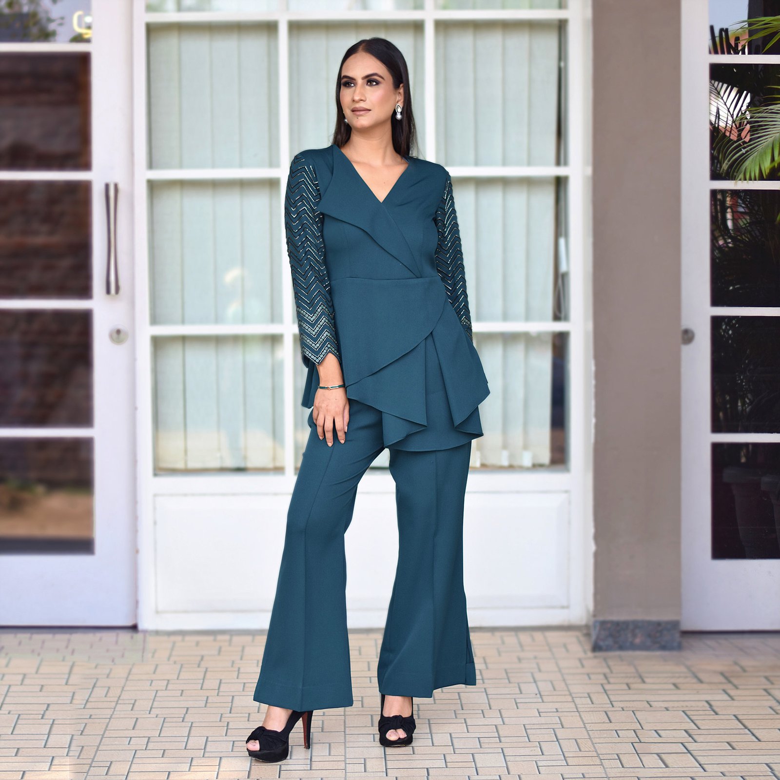 Teal Co-ord set, hand embroidered full sleeve with a two layer drape cut. — alternate view 2