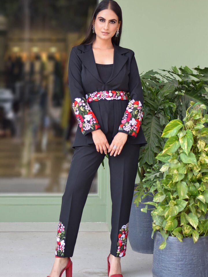 Black 4 Pc Co-ord set with Cotton thread Embroidery — alternate view 2