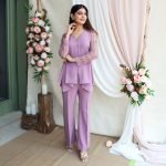 Mouve lycra crepe top with hand embroidered Tulle sleeves paired with bell bottom pants