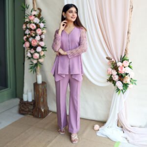 Mouve lycra crepe top with hand embroidered Tulle sleeves paired with bell bottom pants