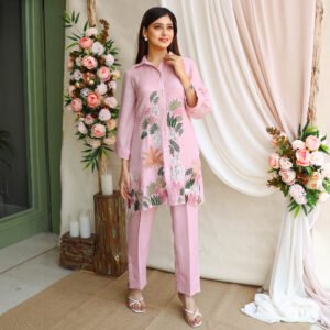 Blush pink Sote jute tunic with delicate thread embroidery paired with fitted pants