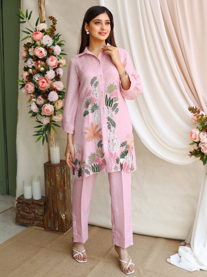 Blush pink Sote jute tunic with delicate thread embroidery paired with fitted pants