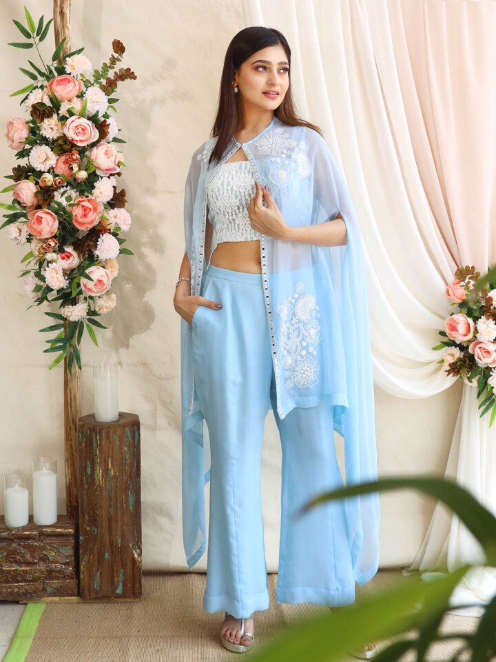 Organza Cape with thread and hand embroider with lace bustier paired with oraganza bell bottoms