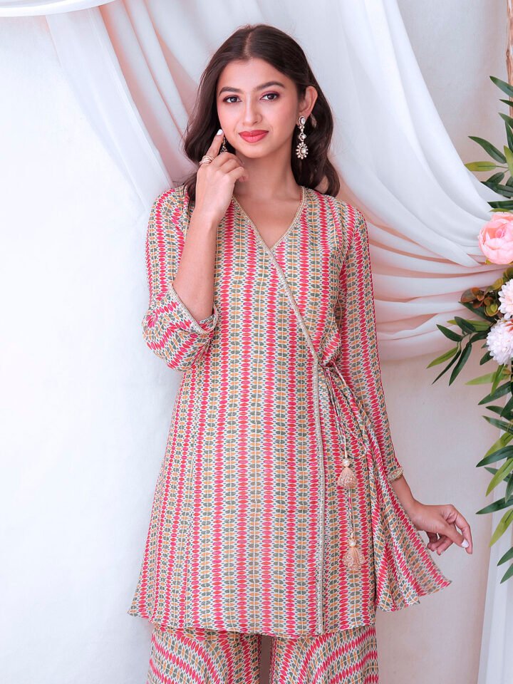 Printed angrakha kurta with bais cut gharara with delicate hand embroidery — alternate view 3