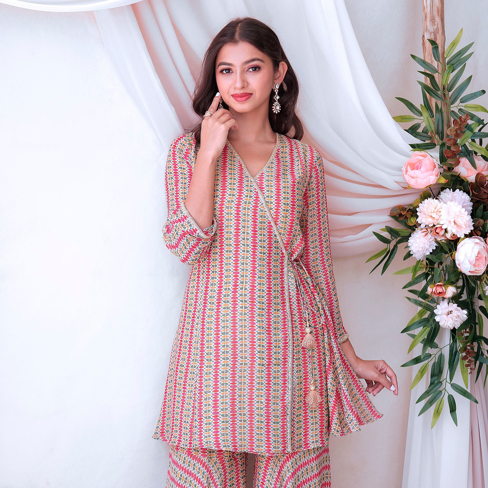 Printed angrakha kurta with bais cut gharara with delicate hand embroidery — alternate view 3