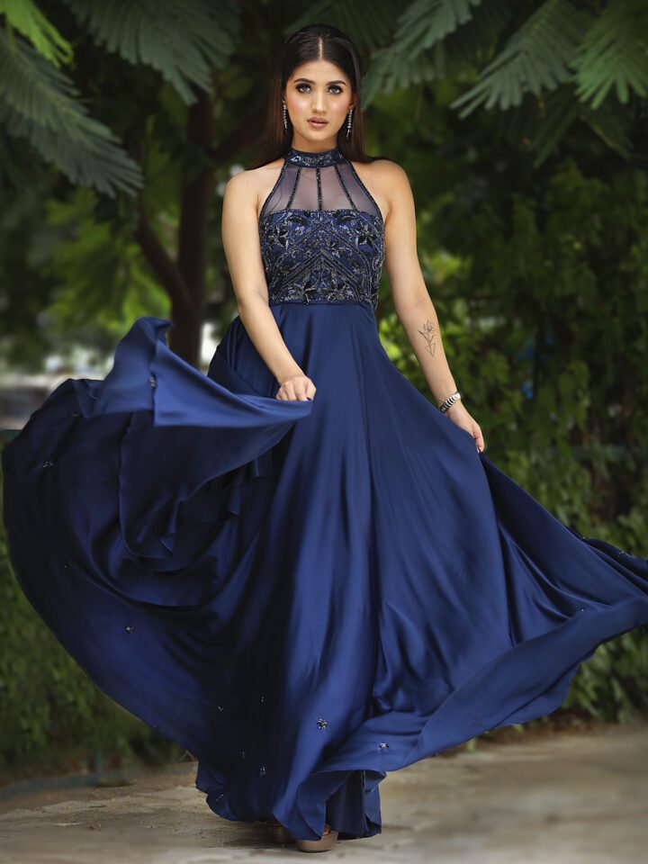 Halter Neck Dress in premium heavy Satin with layered flare