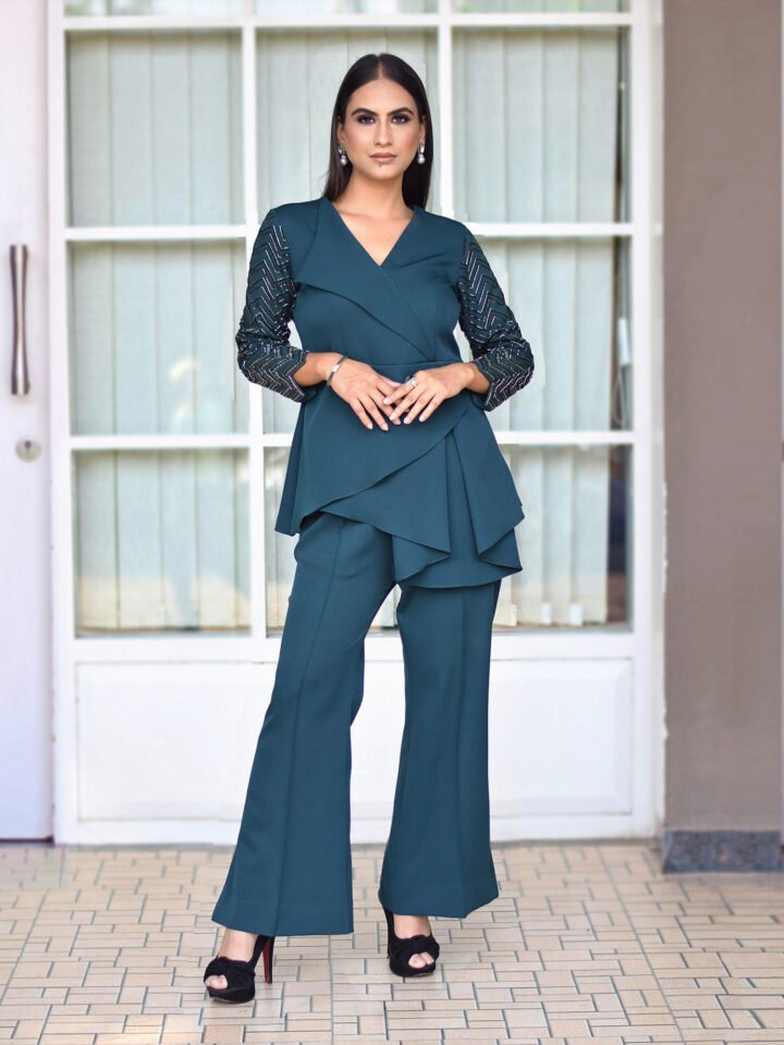 Teal Co-ord set, hand embroidered full sleeve with a two layer drape cut. — alternate view 3