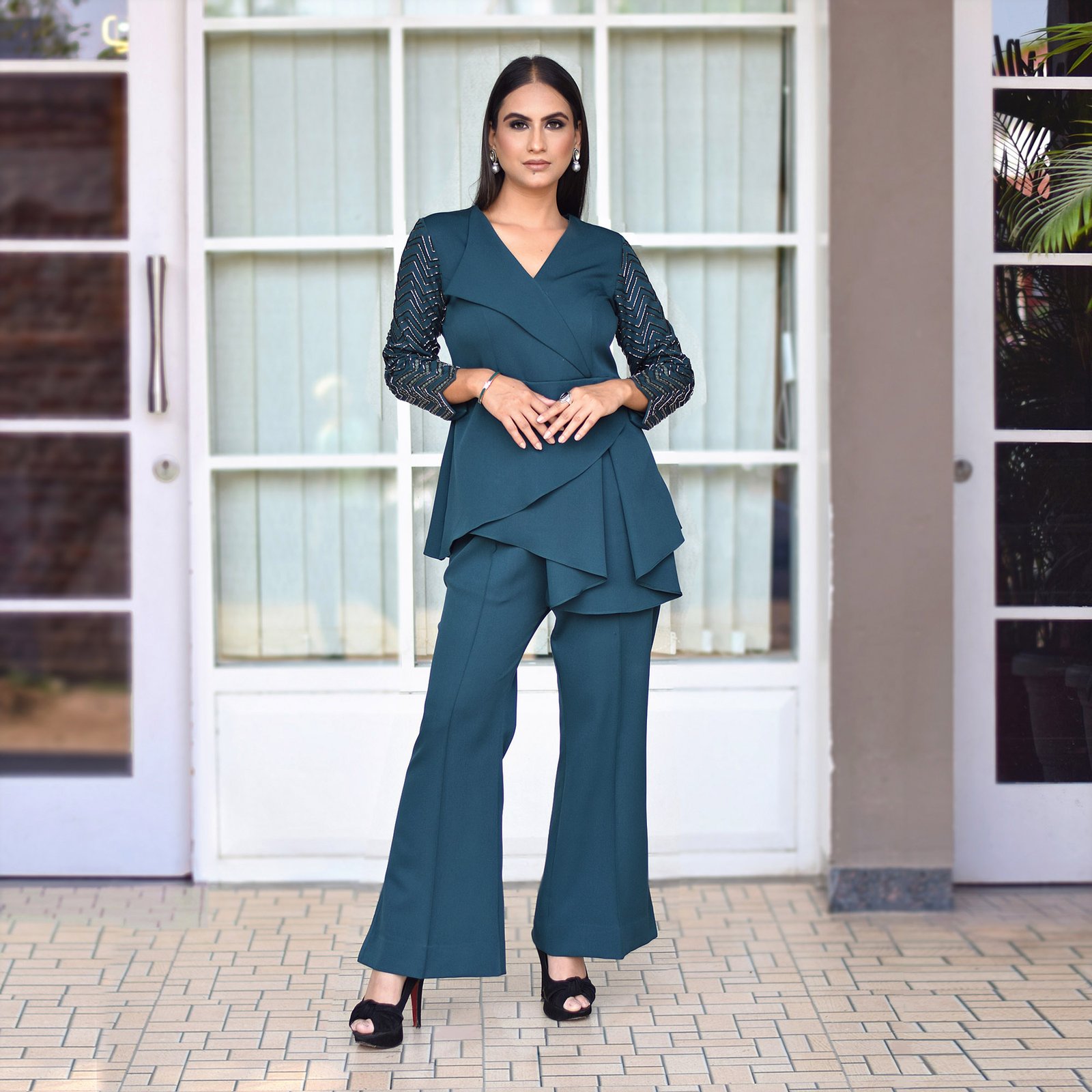 Teal Co-ord set, hand embroidered full sleeve with a two layer drape cut. — alternate view 3