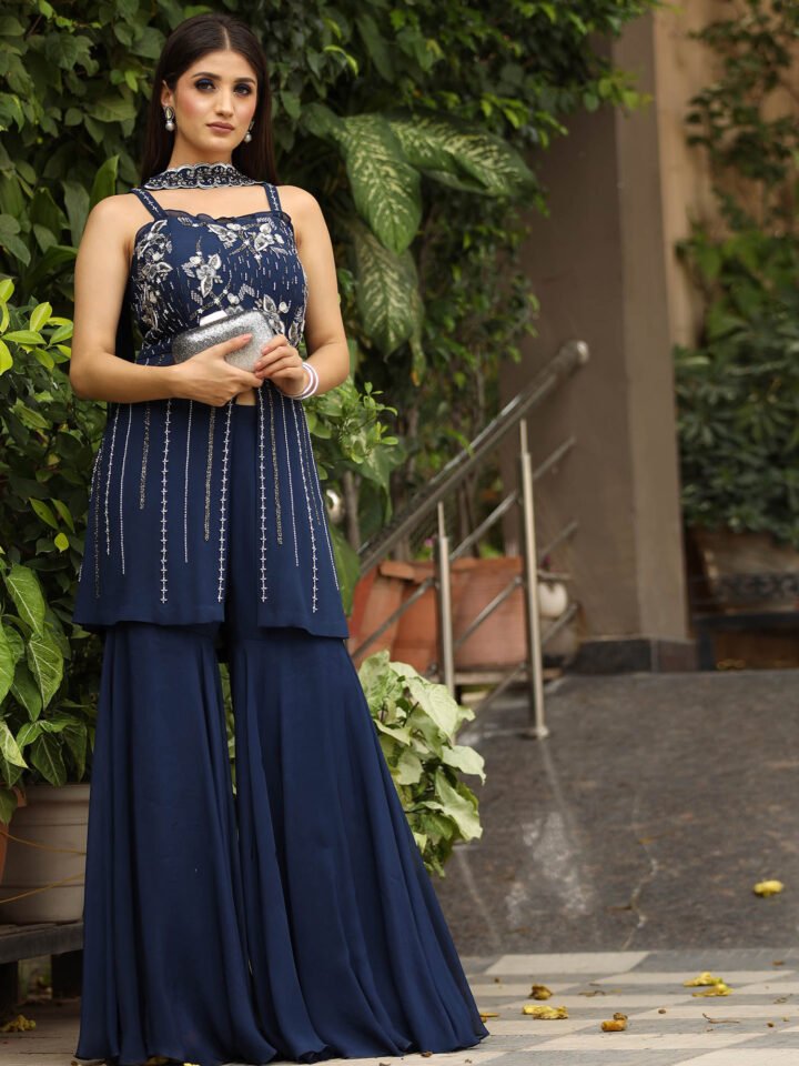 Short Strappy kurta with Bais cut gharara with Neck Patti Dupatta