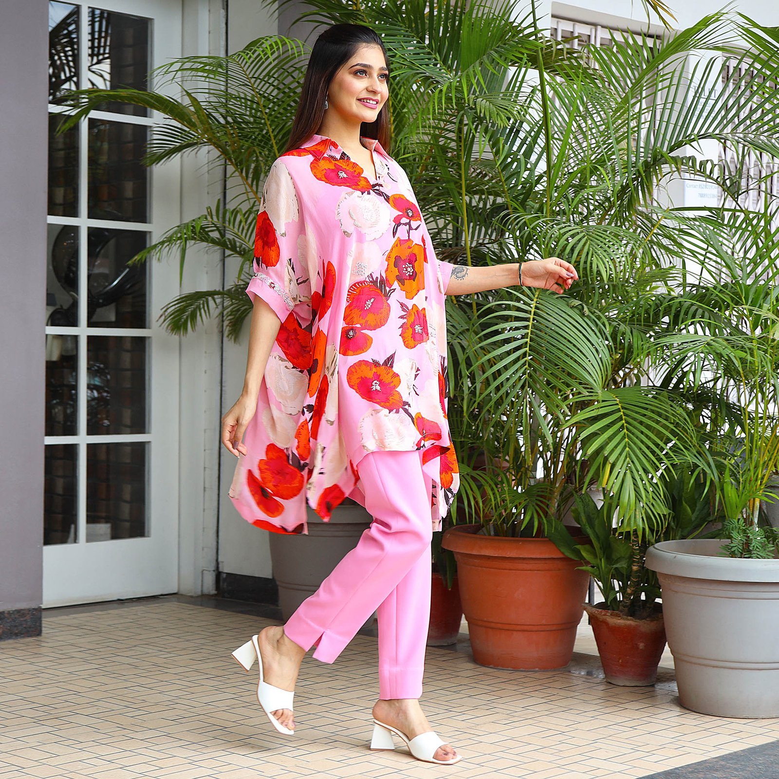 Printed co-ord set- kaftan style top with lycra fitted pants & bustier — alternate view 3