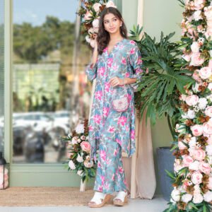 Printed Co-Ord with asymetrical hem line paired with bell bottom style pants