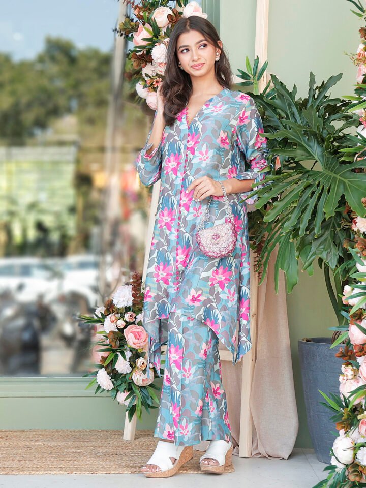 Printed Co-Ord with asymetrical hem line paired with bell bottom style pants