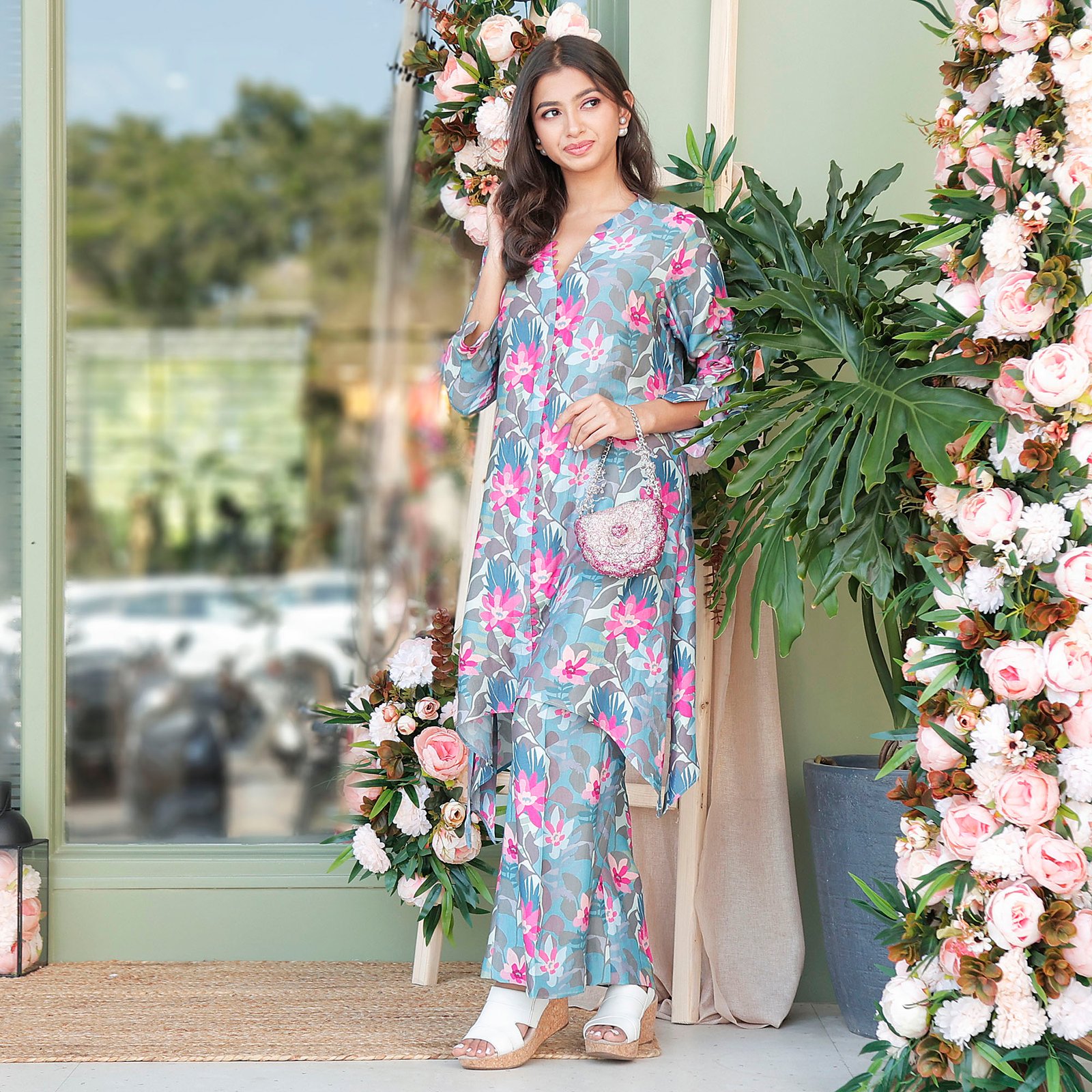 Printed Co-Ord with asymetrical hem line paired with bell bottom style pants