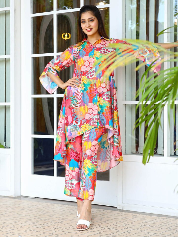 Printed co-ord set- Flared relaxed Fit tuic with printed fitted pants