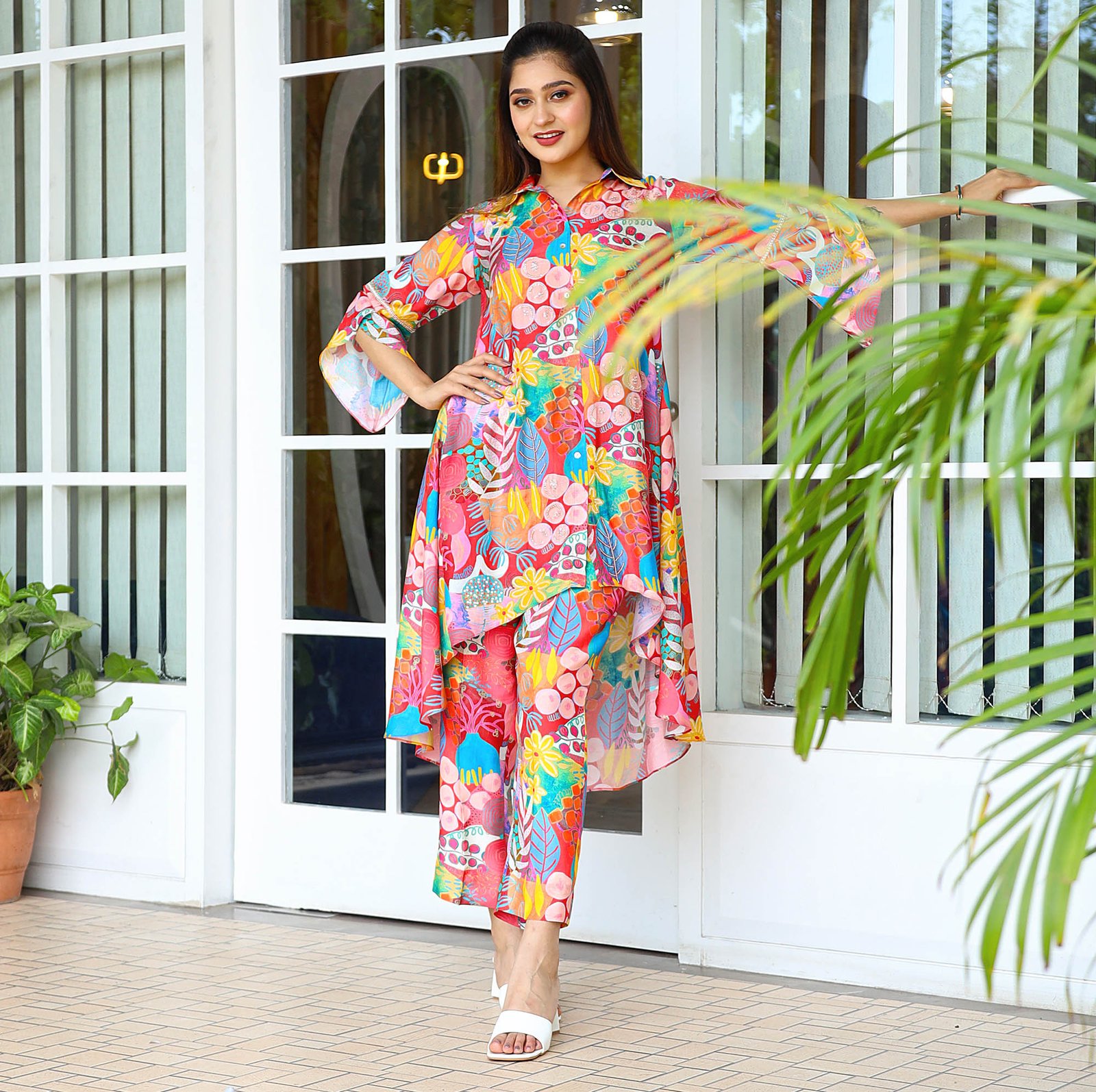 Printed co-ord set- Flared relaxed Fit tuic with printed fitted pants