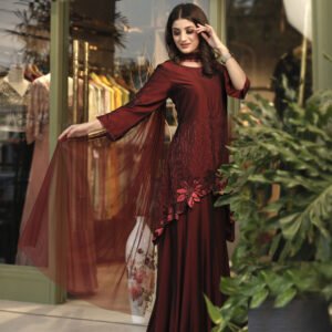 Asymetrical silk kurta hand embroidred scalloped hem line with kalidaar pallazo with a tulle neck patti embroidered dupatta