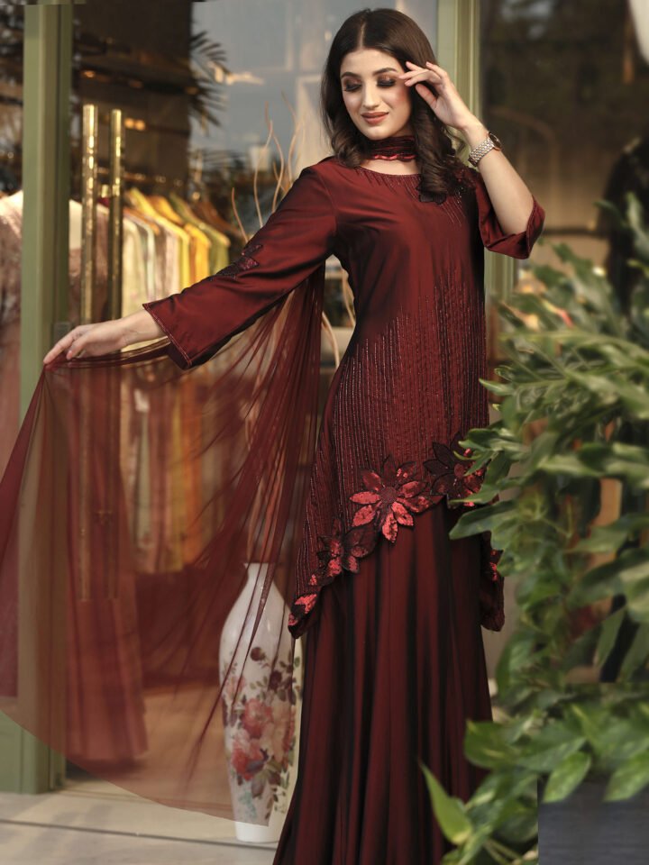 Asymetrical silk kurta hand embroidred scalloped hem line with kalidaar pallazo with a tulle neck patti embroidered dupatta
