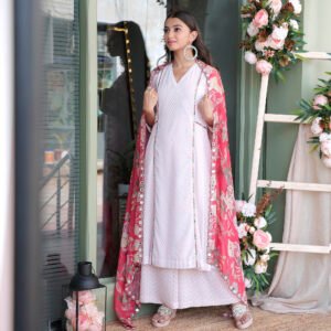 Cheveron pattern georgette suit with mirror embroiderd, paired with printed organza dupatta