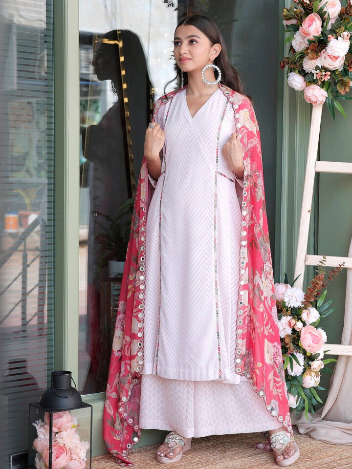 Cheveron pattern georgette suit with mirror embroiderd, paired with printed organza dupatta