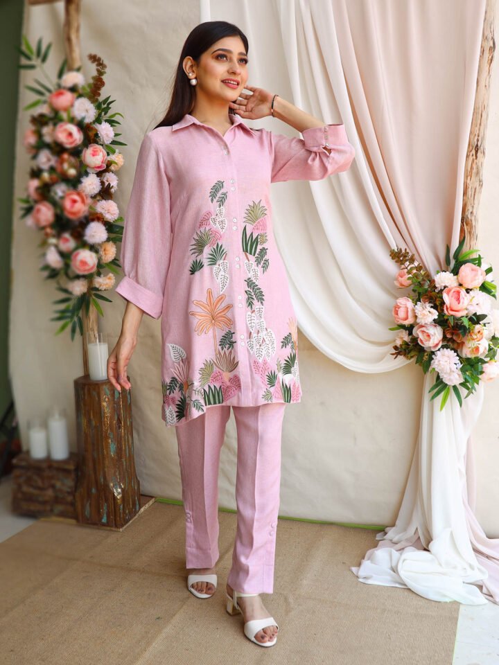 Blush pink Sote jute tunic with delicate thread embroidery paired with fitted pants — alternate view 3