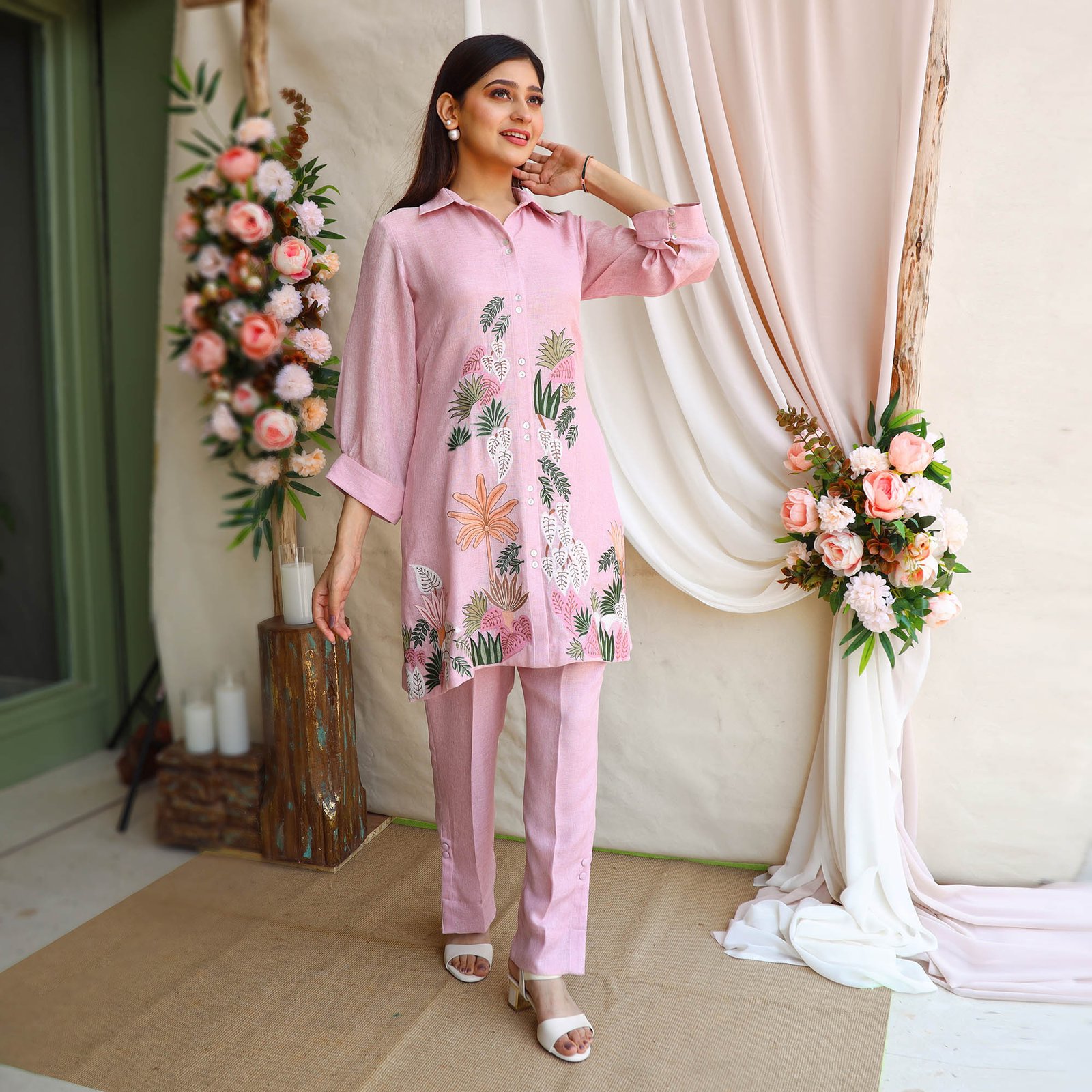 Blush pink Sote jute tunic with delicate thread embroidery paired with fitted pants — alternate view 3