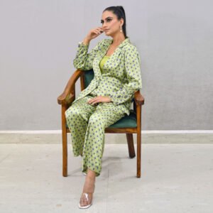 Japanesse Satin Green & blue geometrical Printed Co-Ord set