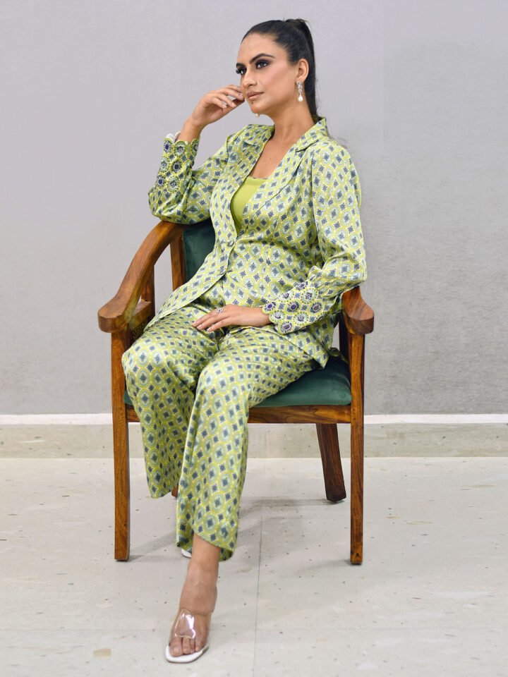 Japanesse Satin Green & blue geometrical Printed Co-Ord set