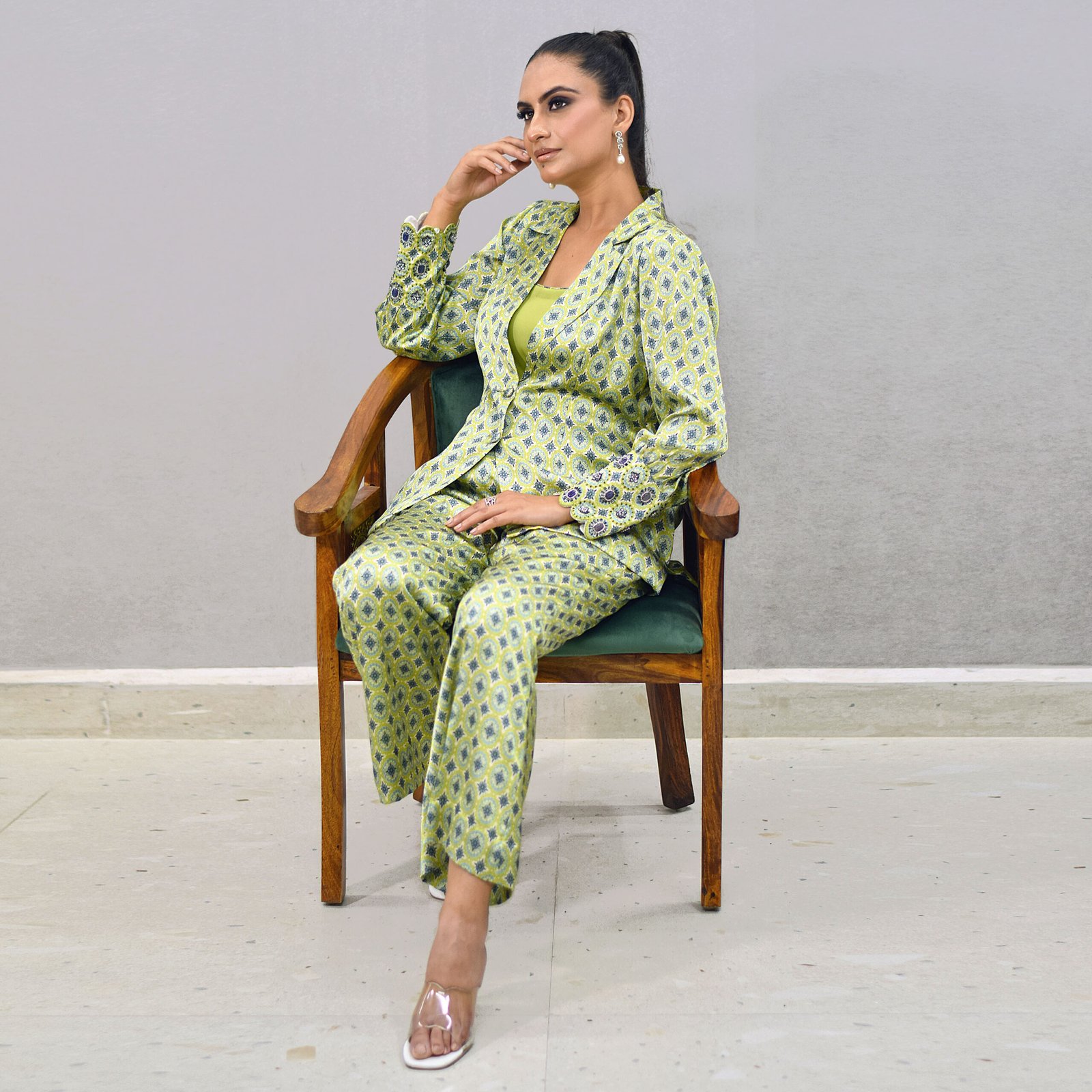 Japanesse Satin Green & blue geometrical Printed Co-Ord set