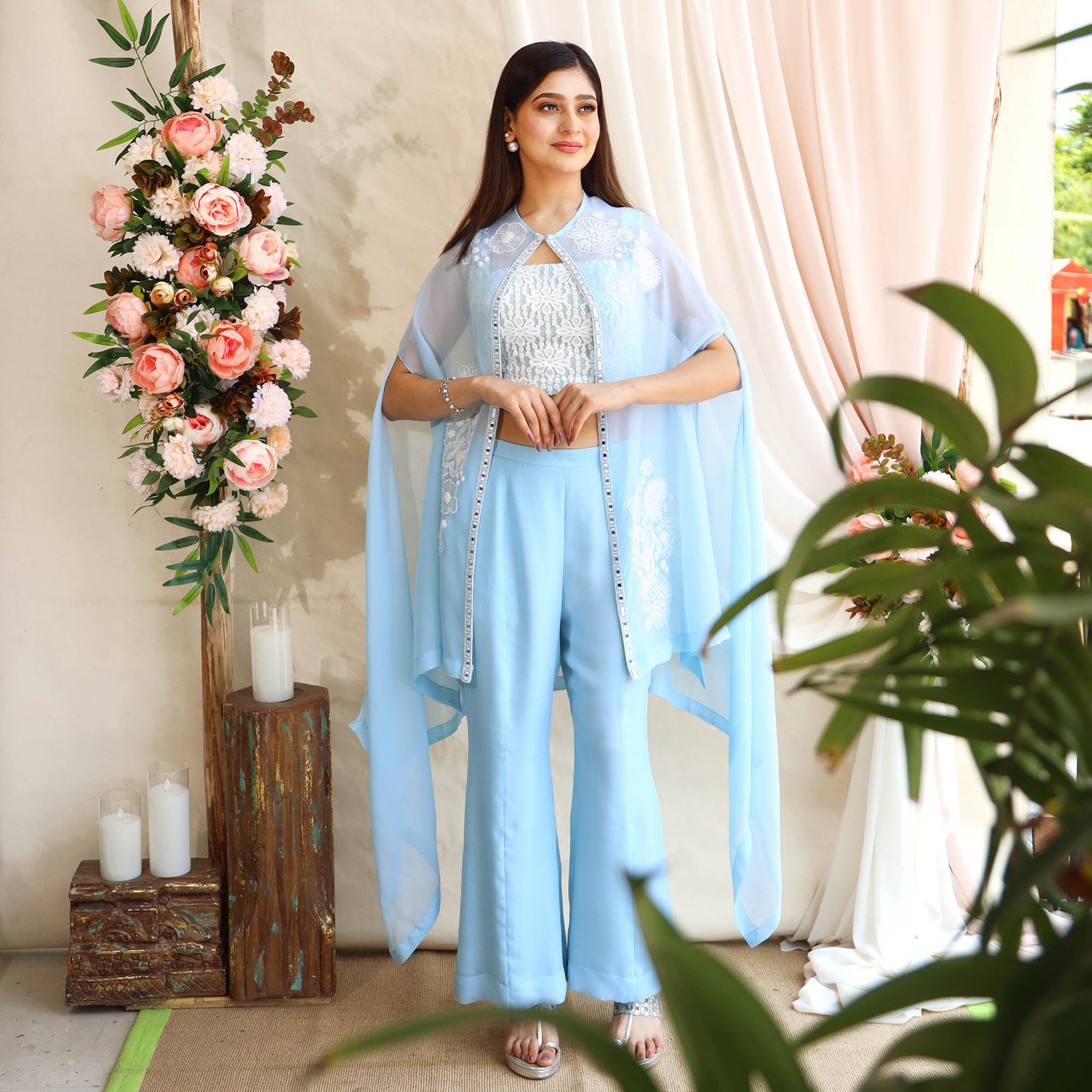 Organza Cape with thread and hand embroider with lace bustier paired with oraganza bell bottoms — alternate view 3