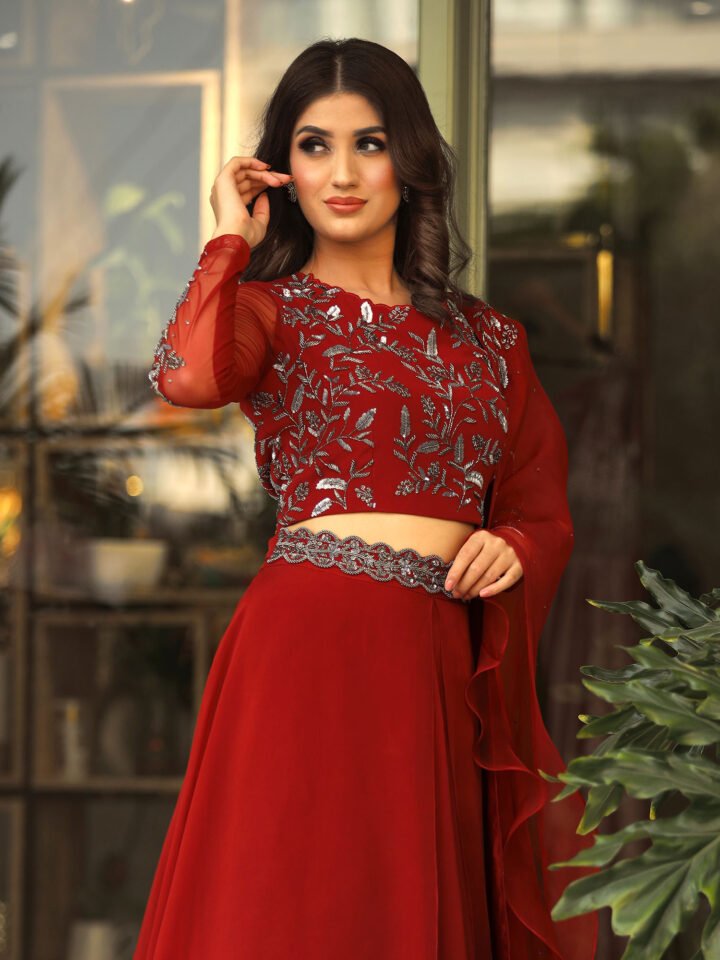 Layered Lehenga, blouse set in burnt red with Belt & ruffled organza dupatta — alternate view 2