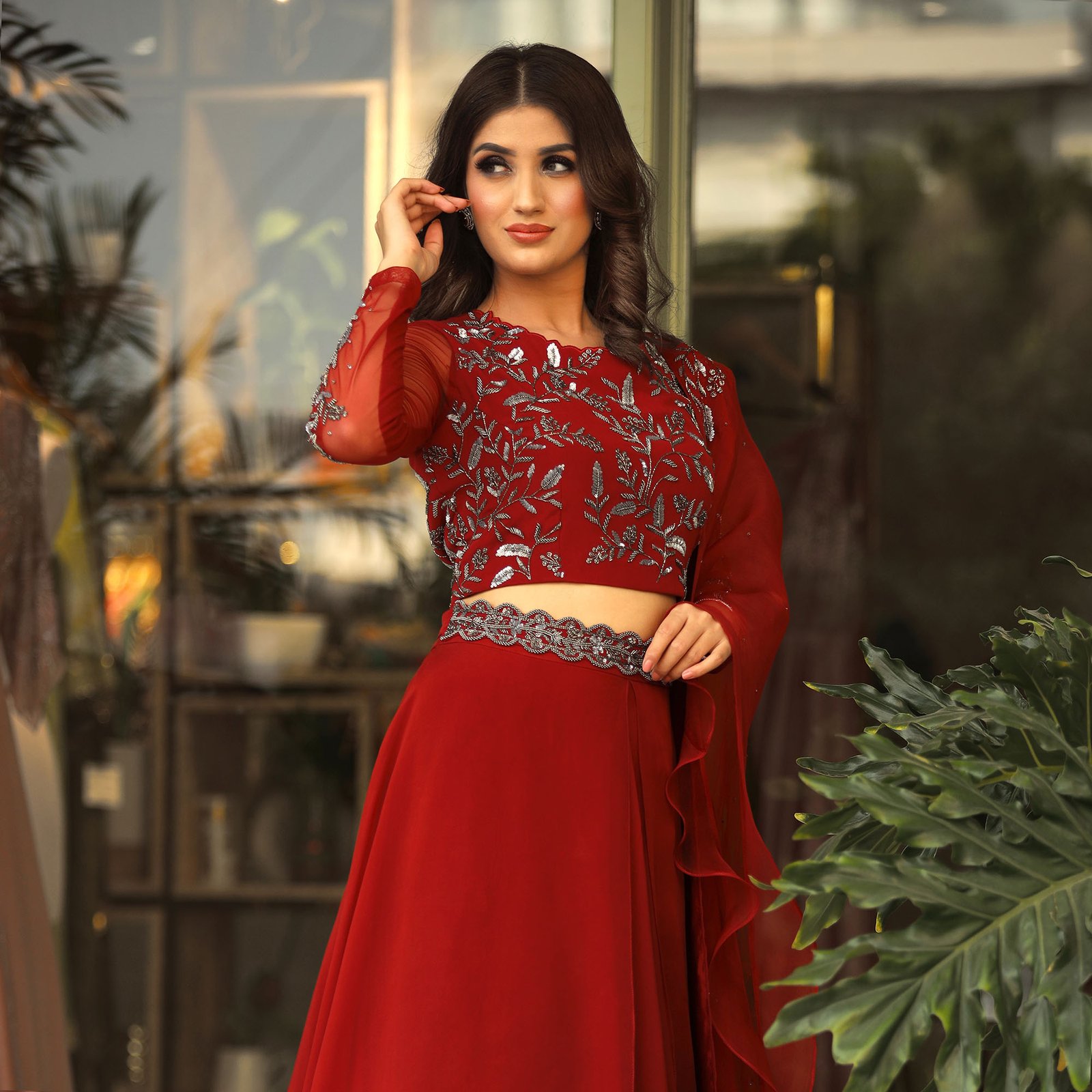 Layered Lehenga, blouse set in burnt red with Belt & ruffled organza dupatta — alternate view 2