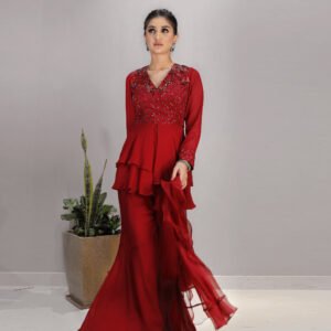Red Layered peplum top with hand Embroidered yoke & our signature gharara bottom with a tulle & organza ruffled Dupatta