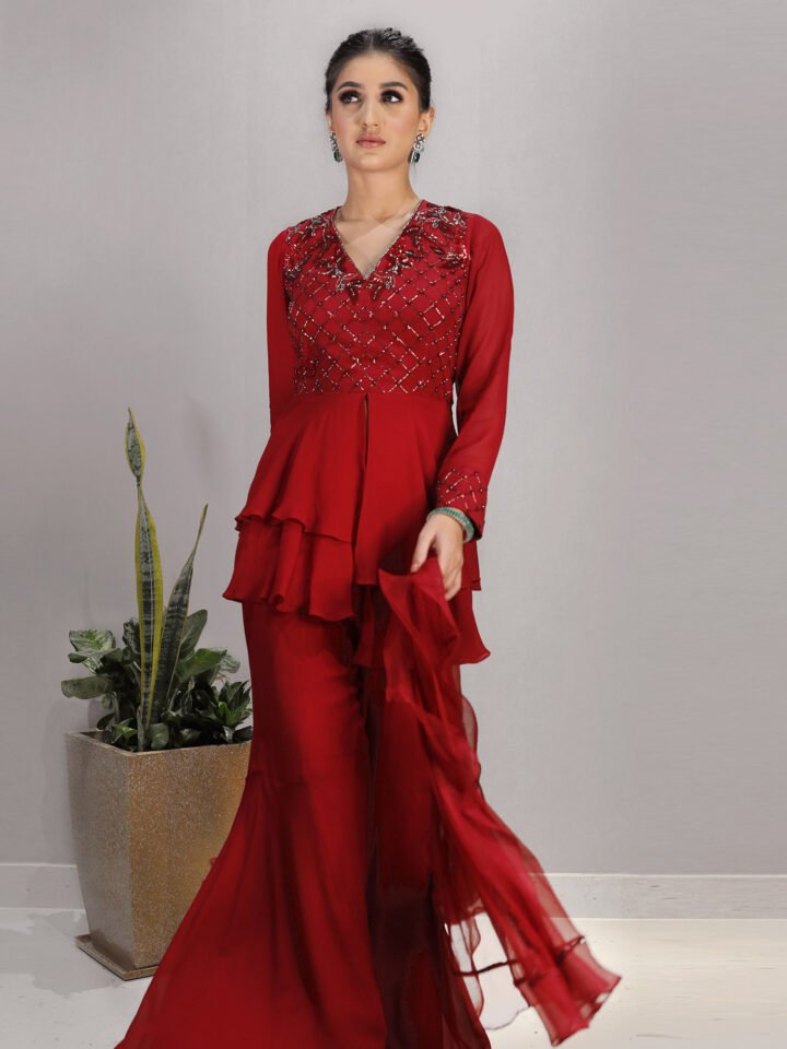 Red Layered peplum top with hand Embroidered yoke & our signature gharara bottom with a tulle & organza ruffled Dupatta