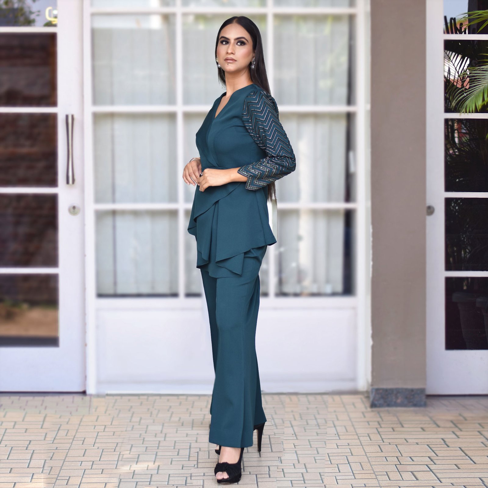 Teal Co-ord set, hand embroidered full sleeve with a two layer drape cut. — alternate view 4