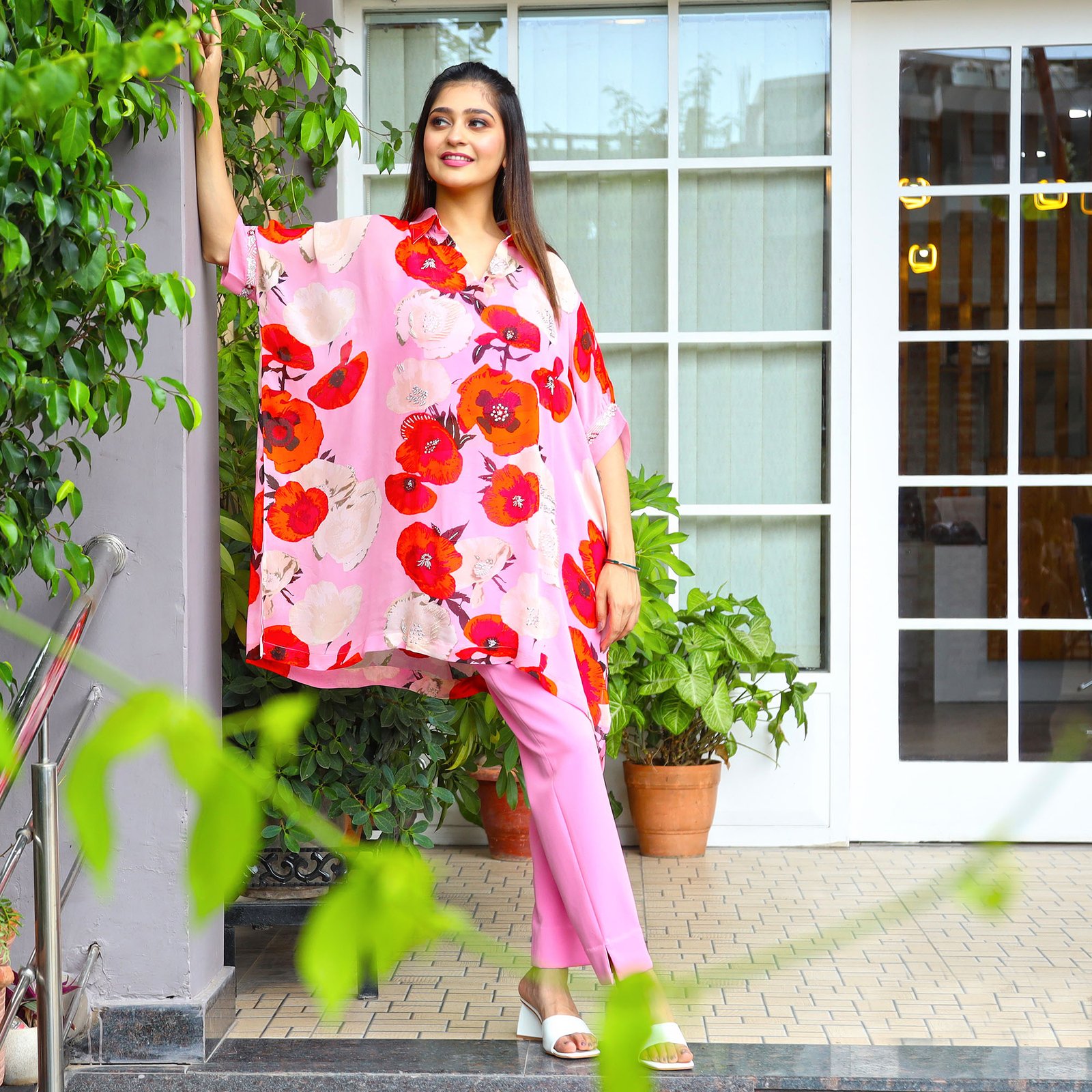 Printed co-ord set- kaftan style top with lycra fitted pants & bustier — alternate view 4