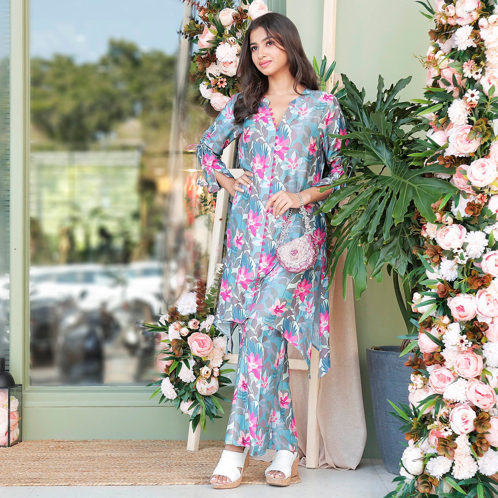 Printed Co-Ord with asymetrical hem line paired with bell bottom style pants — alternate view 4