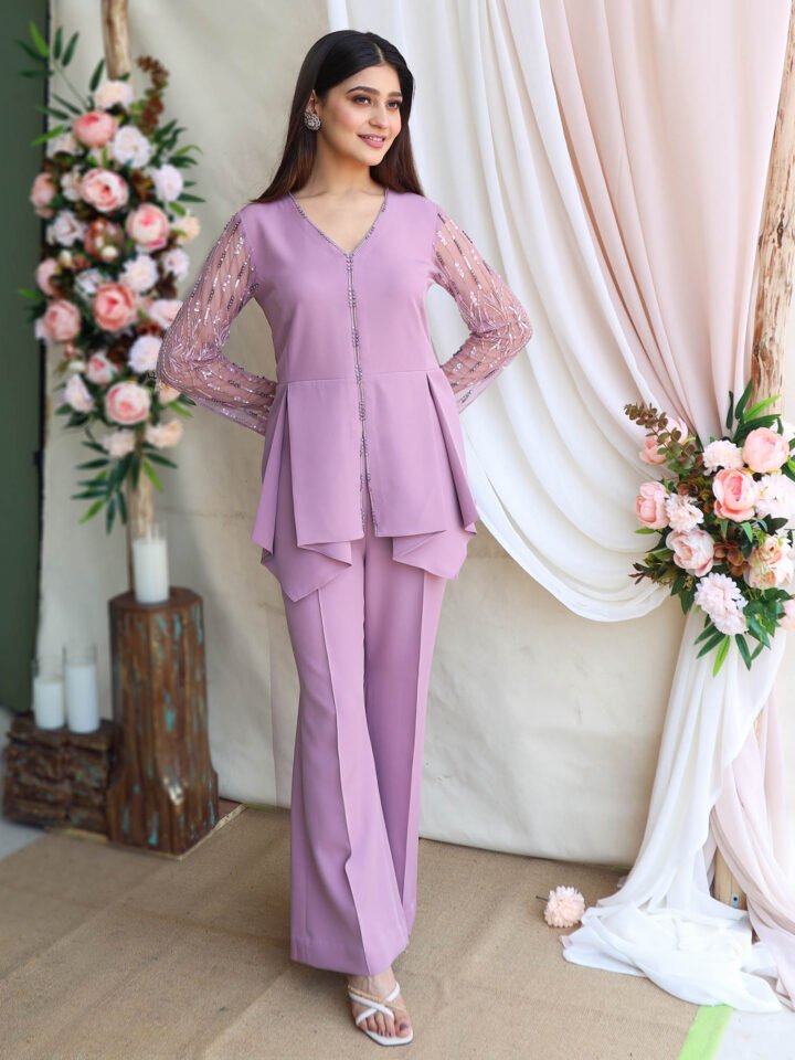 Mouve lycra crepe top with hand embroidered Tulle sleeves paired with bell bottom pants — alternate view 2