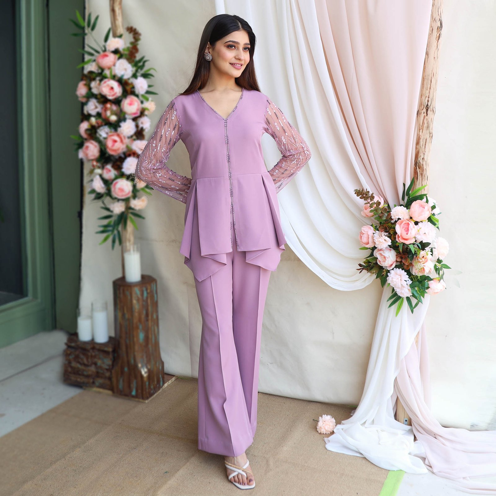 Mouve lycra crepe top with hand embroidered Tulle sleeves paired with bell bottom pants — alternate view 2