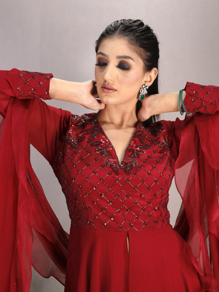 Red Layered peplum top with hand Embroidered yoke & our signature gharara bottom with a tulle & organza ruffled Dupatta — alternate view 3