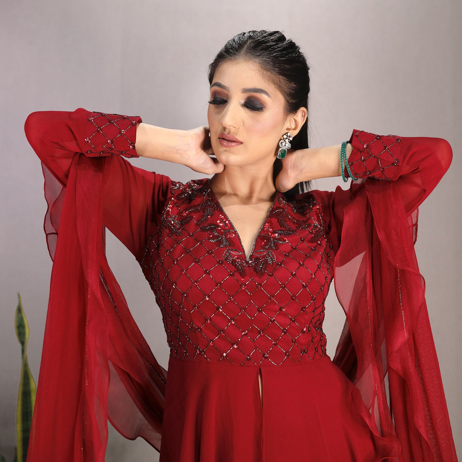 Red Layered peplum top with hand Embroidered yoke & our signature gharara bottom with a tulle & organza ruffled Dupatta — alternate view 3