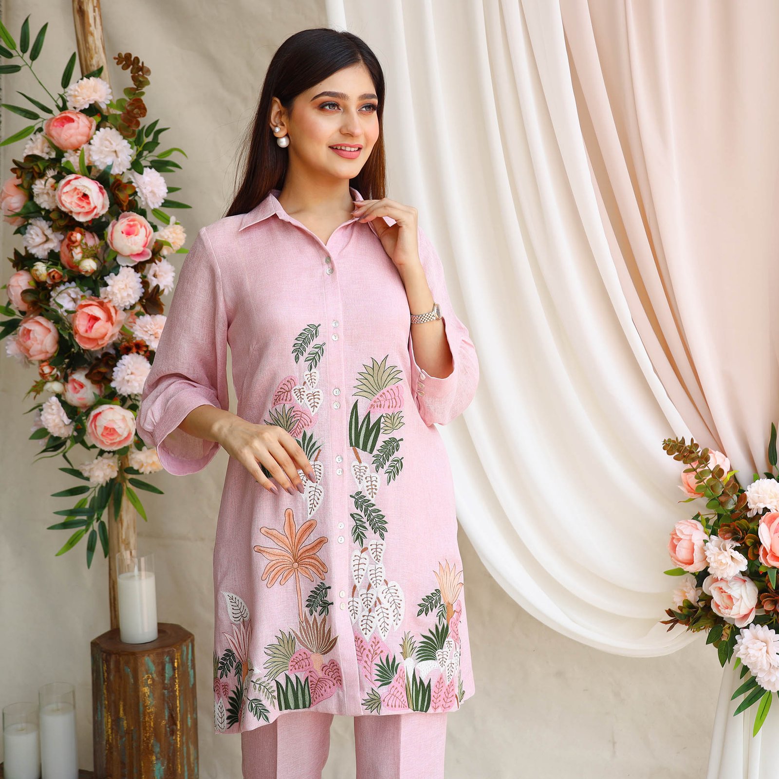 Blush pink Sote jute tunic with delicate thread embroidery paired with fitted pants — alternate view 4