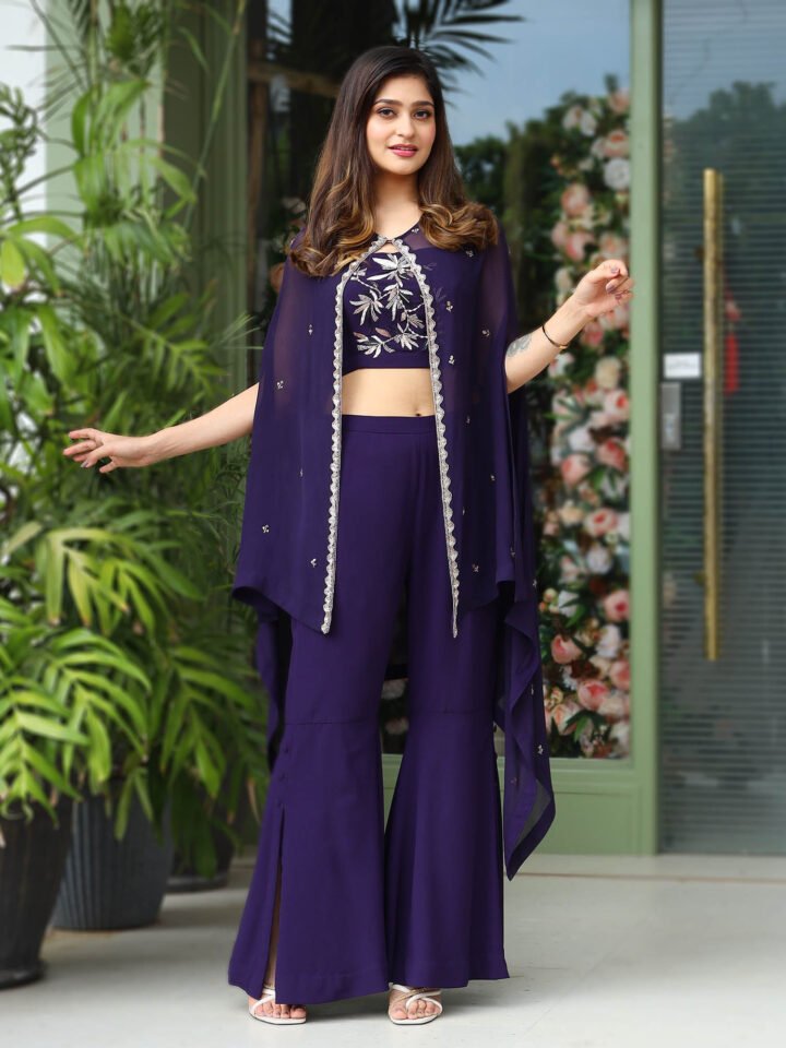 Organza Cape with hand embroidered detailing paired with a royal georgette hand embroidred bustier and flared pants — alternate view 3