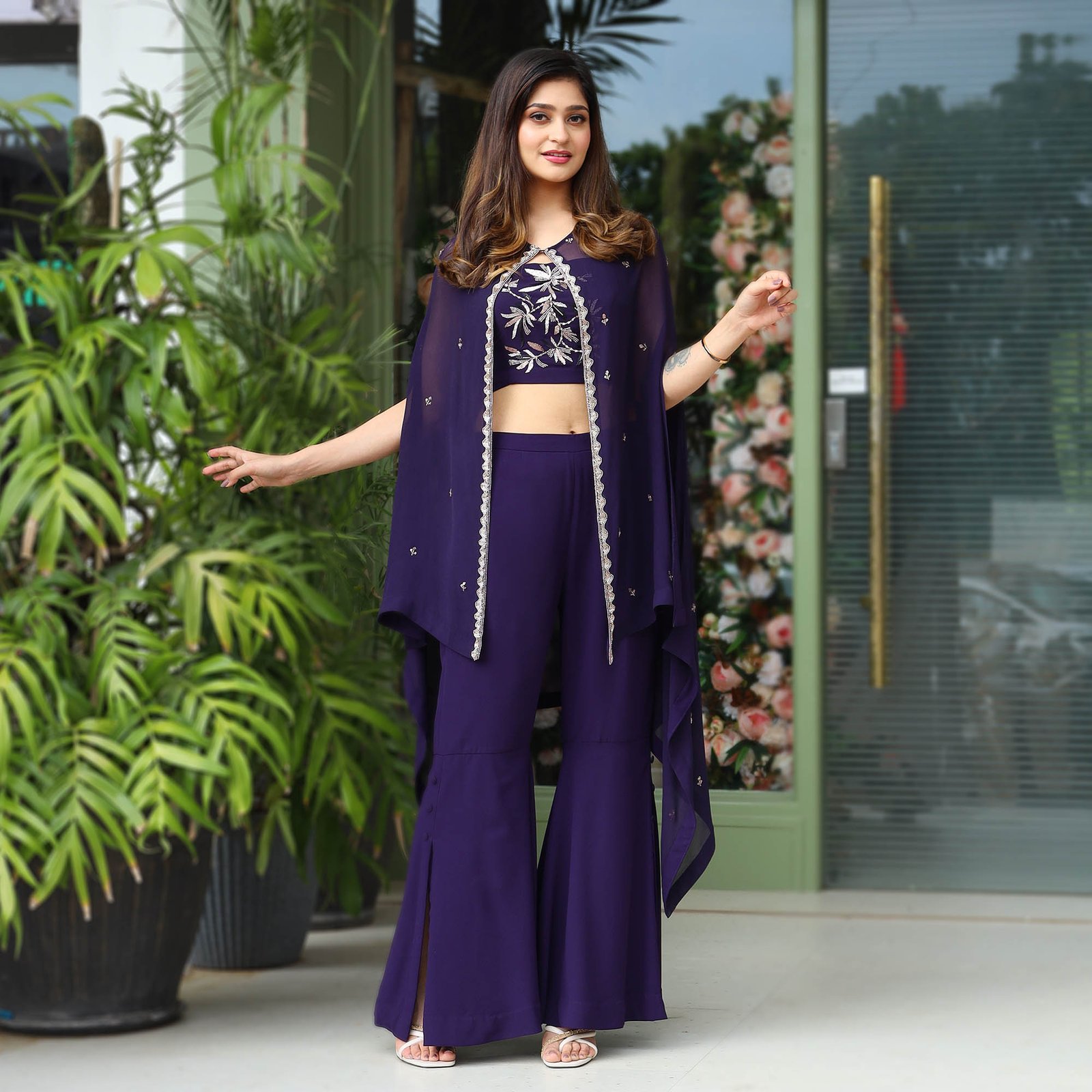 Organza Cape with hand embroidered detailing paired with a royal georgette hand embroidred bustier and flared pants — alternate view 3