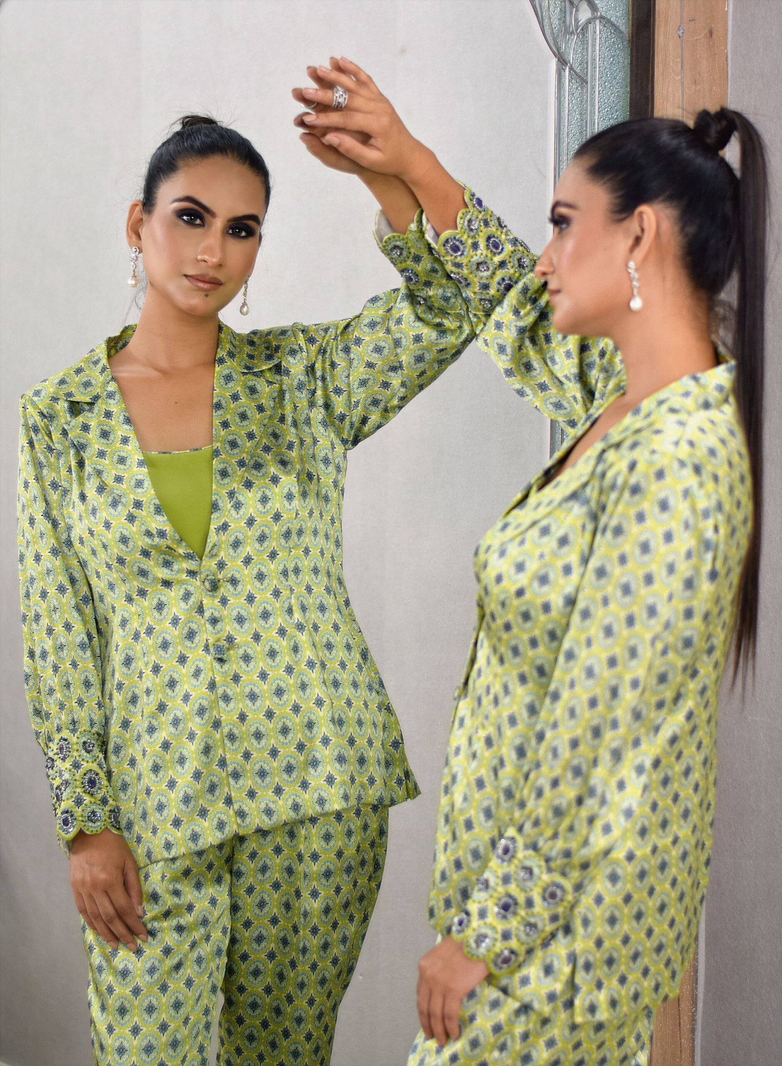 Japanesse Satin Green & blue geometrical Printed Co-Ord set — alternate view 3