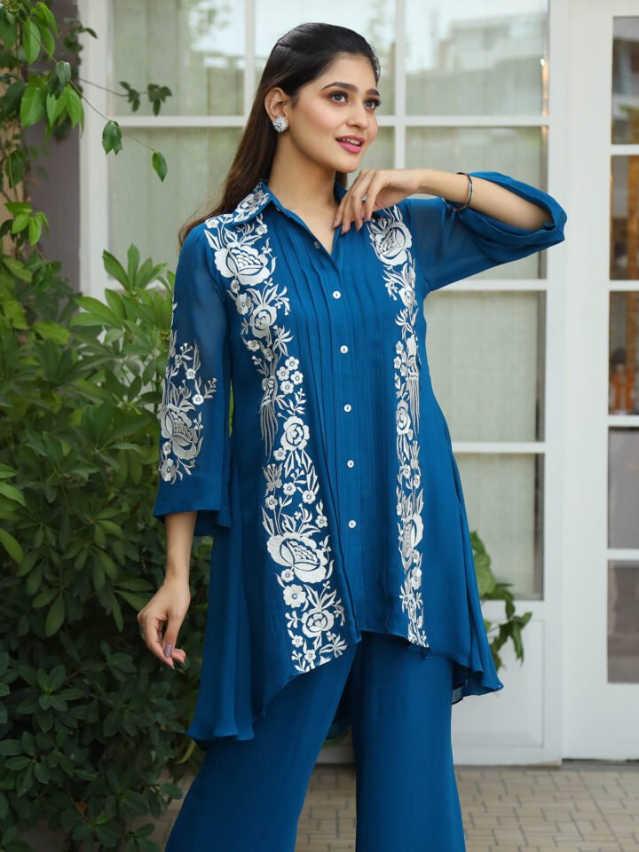 Royal Blue georgette tunic with thread embroidery detailing paired with georgette bell bottoms — alternate view 3